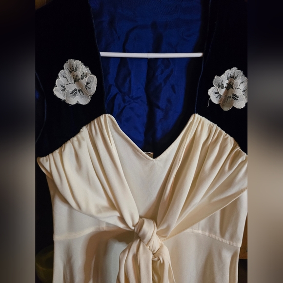 Vintage Elegant Cream and Blue Velvet Women's Dress Size 9/10 - Picture 2 of 6